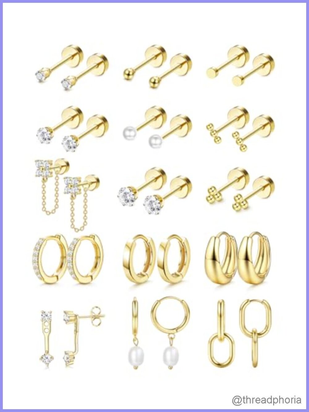 14K Gold Plated Flat Back Earrings 20G Surgical Steel Stud Hoop Set